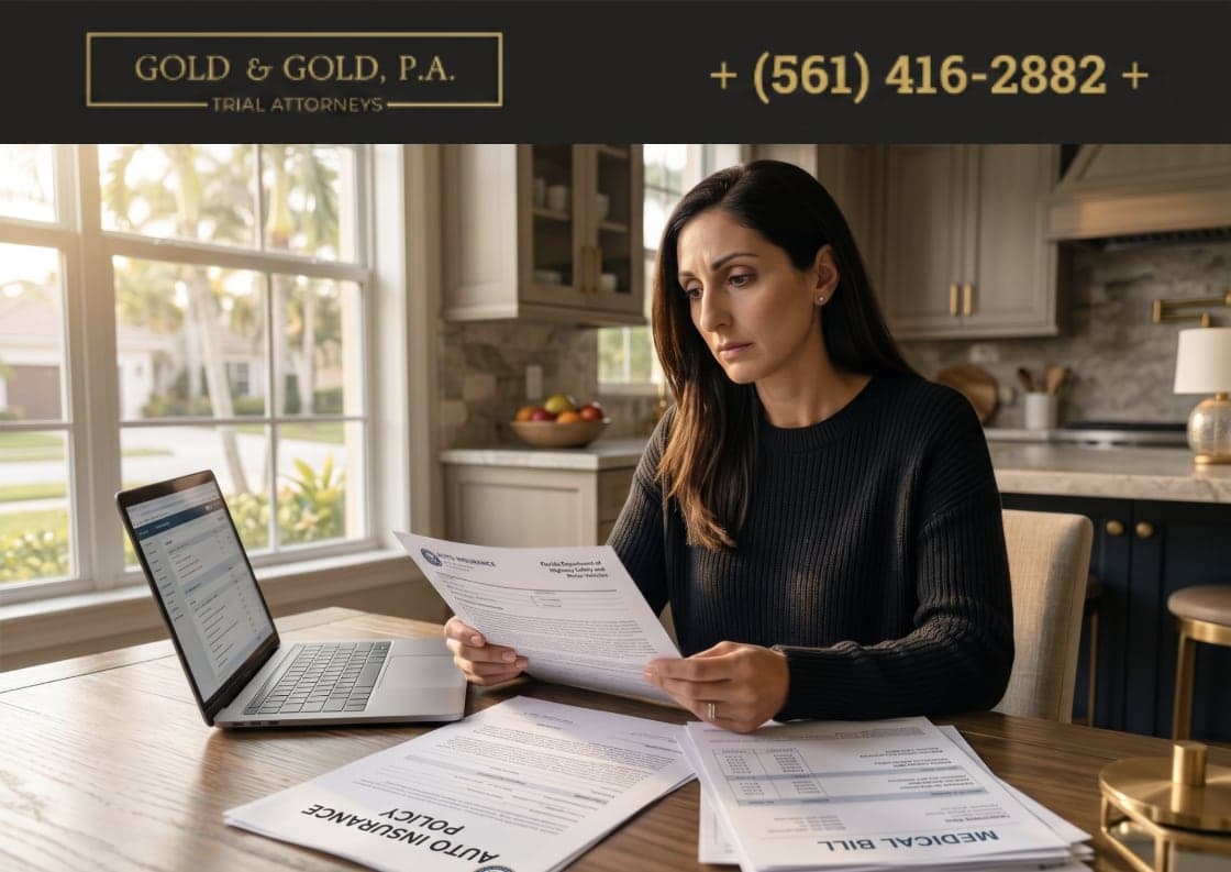 A woman at her kitchen table reviews an auto insurance policy and medical bills after a Florida car accident