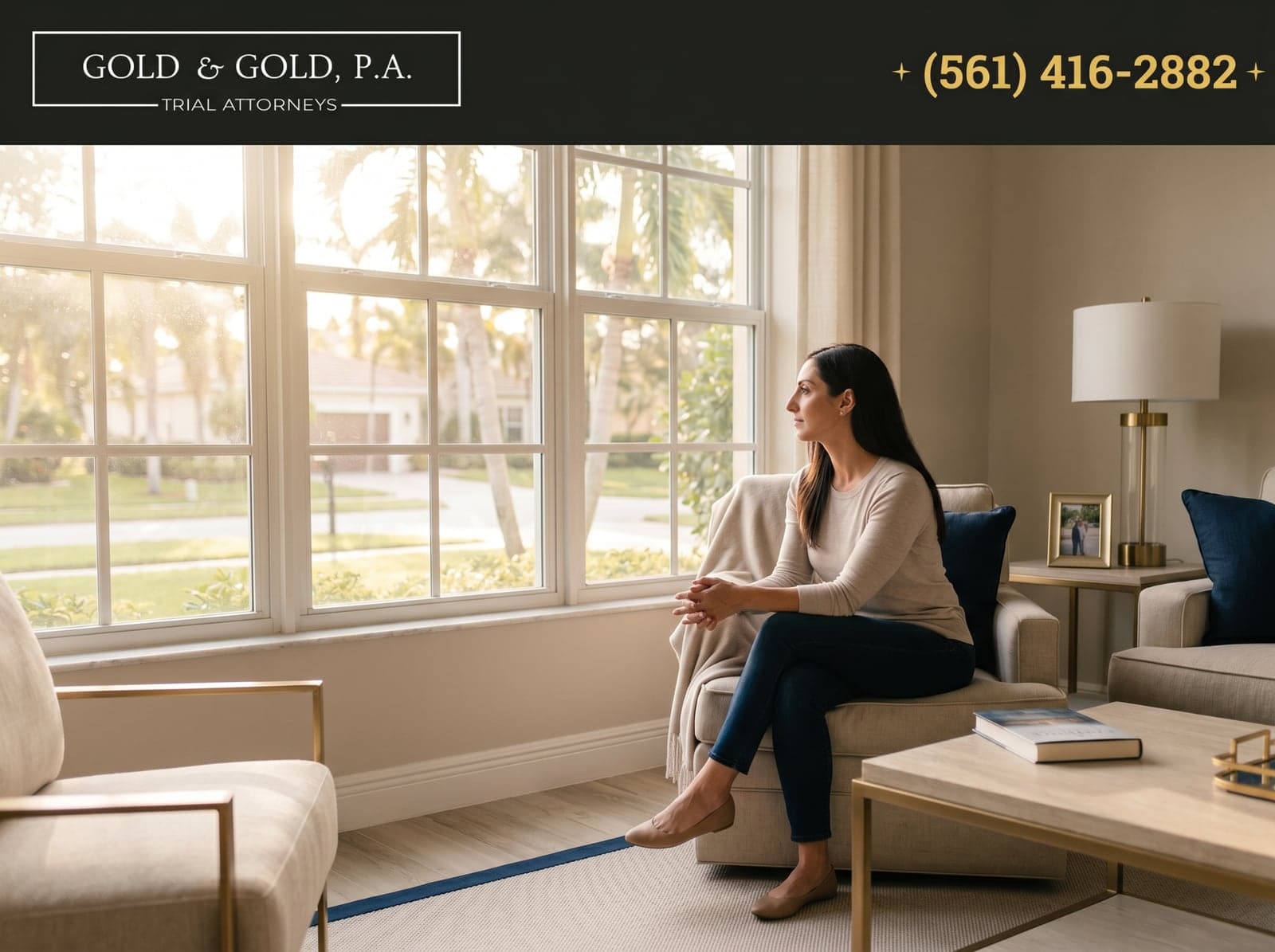 A woman sits by a sunlit window in her Florida living room, reflecting during her recovery after a car accident