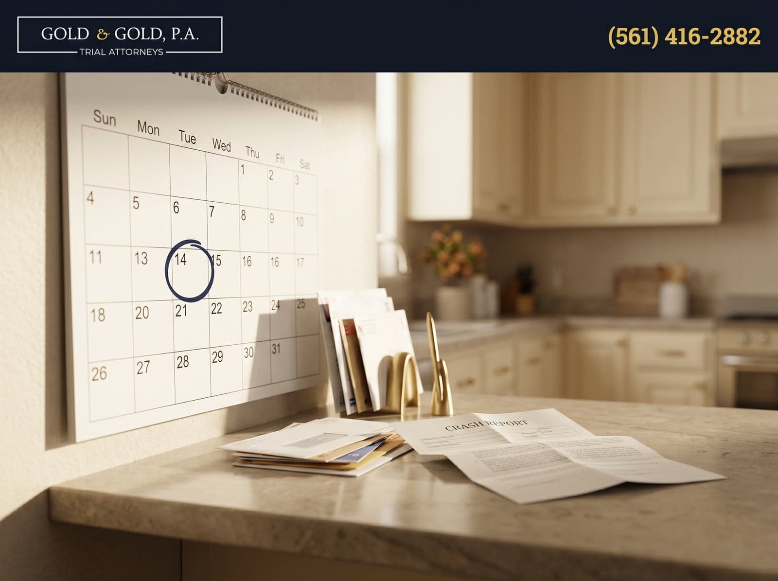 A wall calendar with a date circled above a kitchen counter holding a crash report and mail, a reminder of the deadline to sue after a Florida car accident