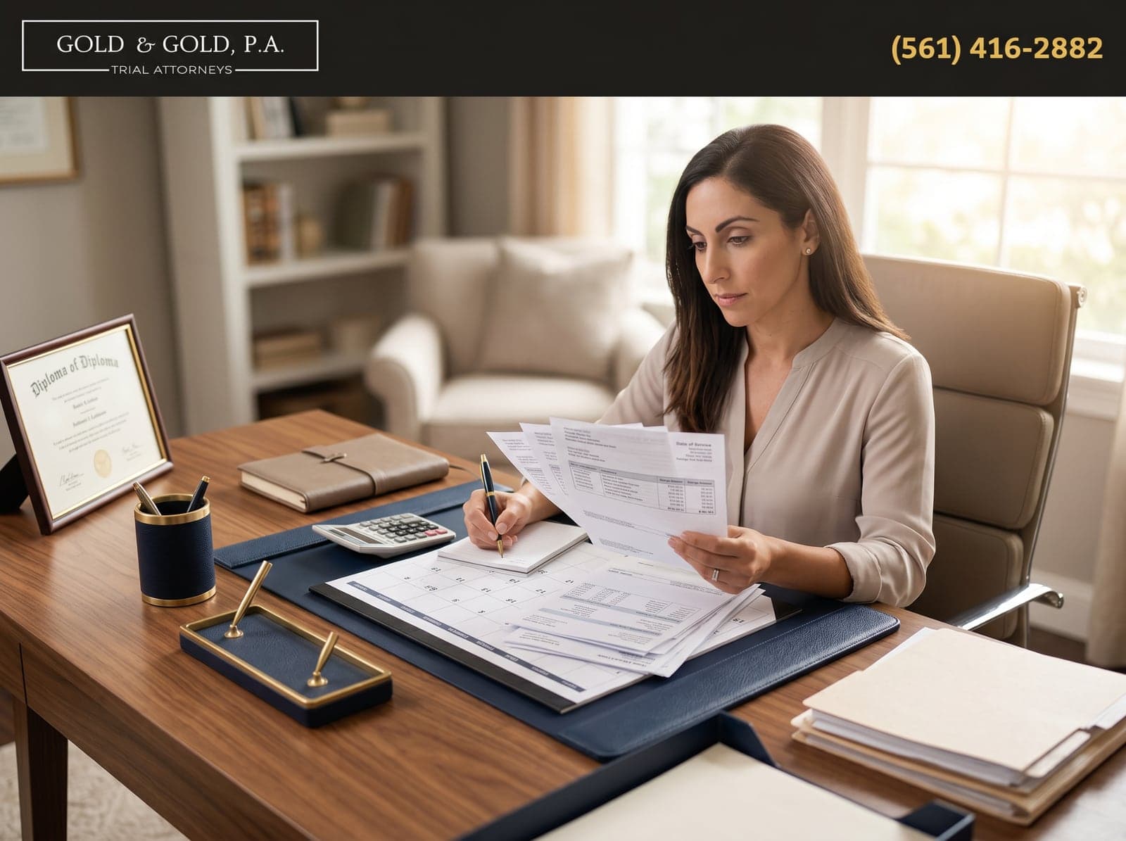 A woman reviews medical bills and settlement paperwork at her desk after a Florida car accident