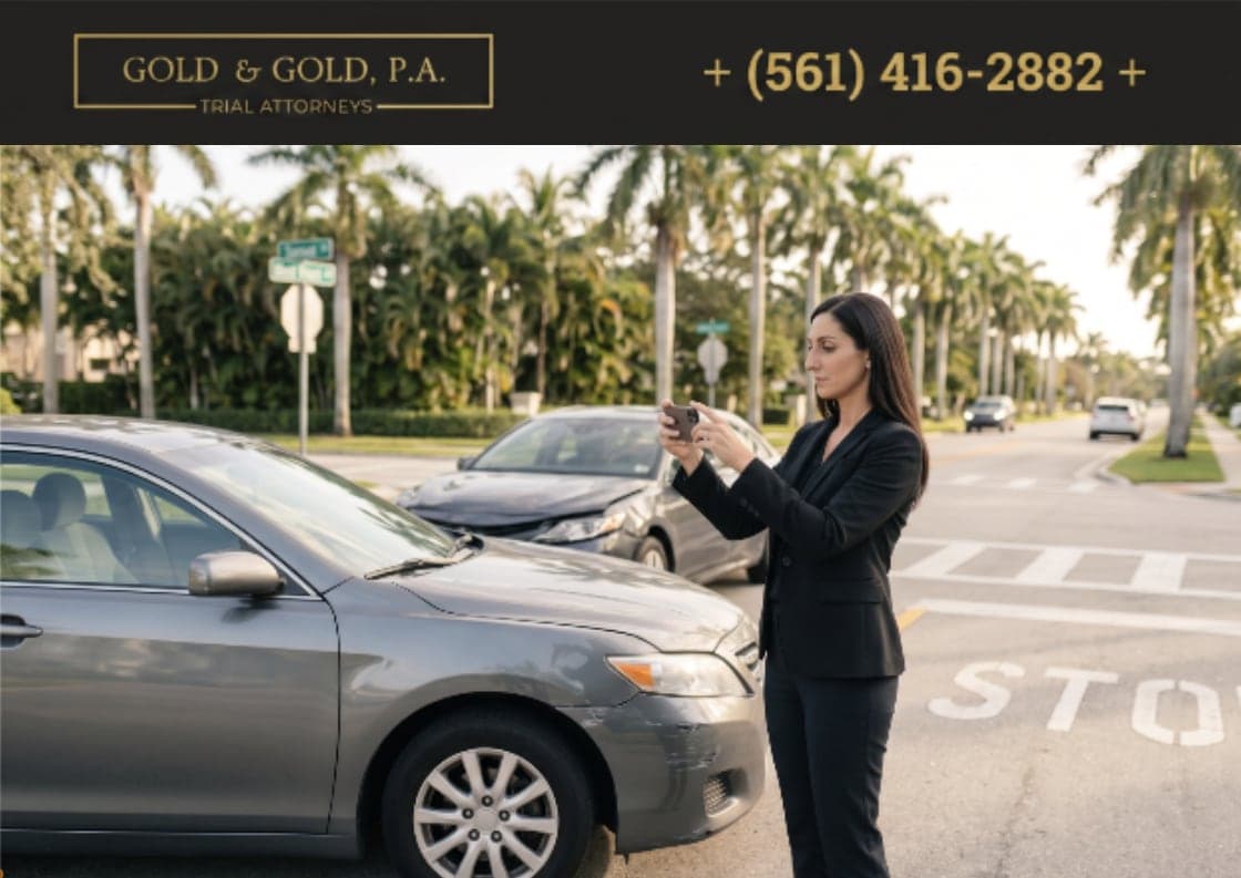 A woman photographs the damage to two cars at a Florida intersection after a car accident