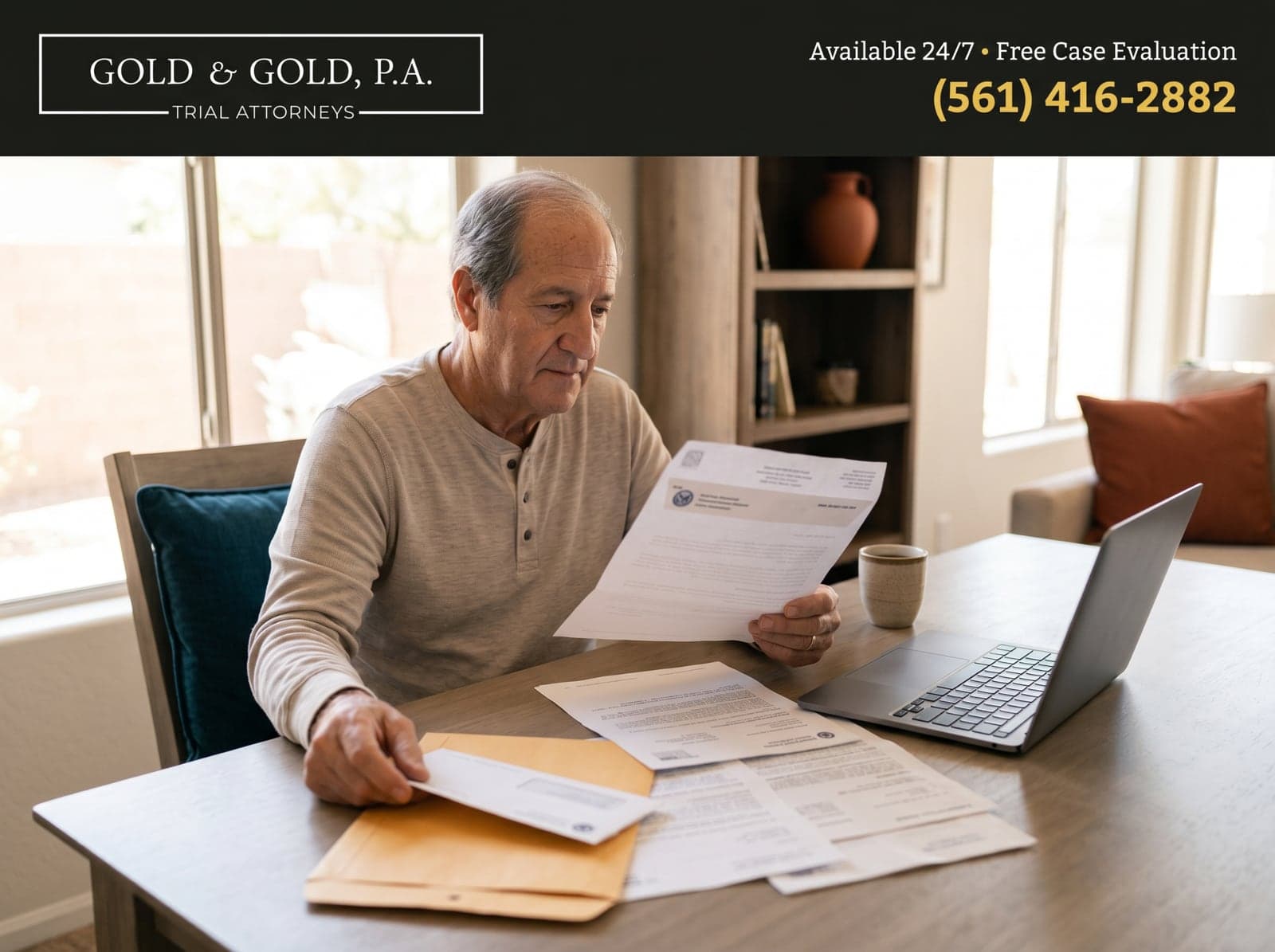An older man reviews insurance letters and paperwork at his table after a car accident