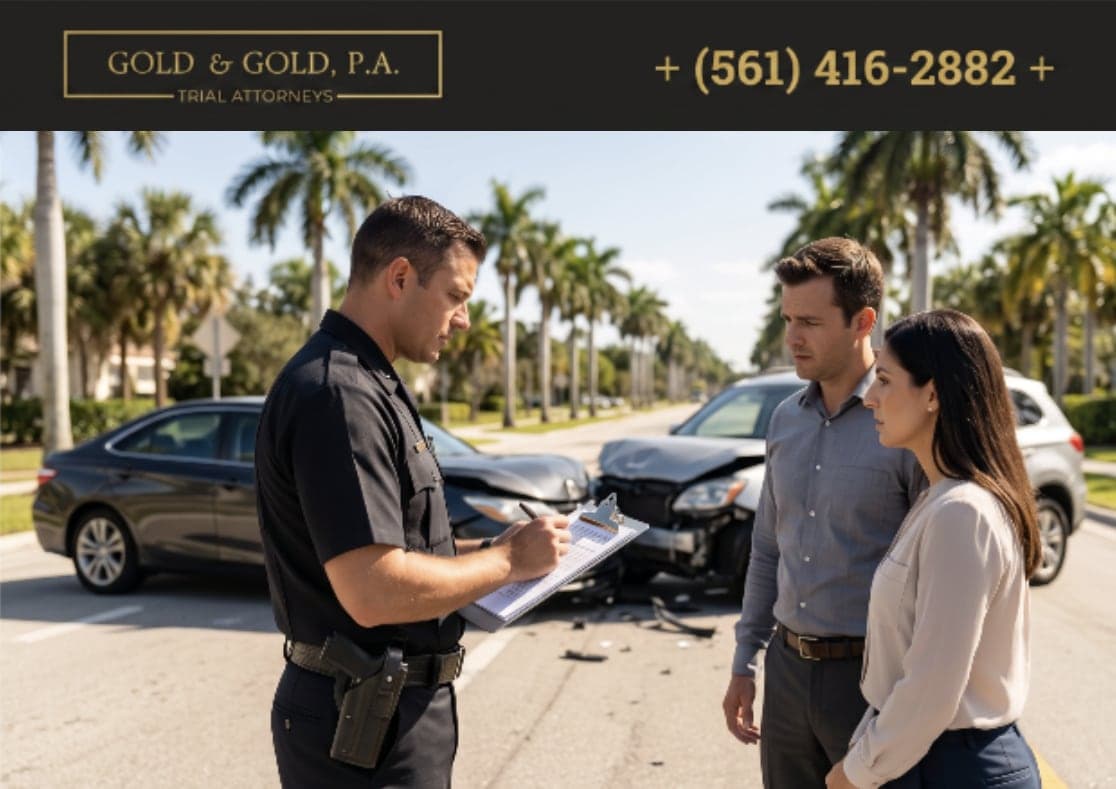 A police officer takes notes as two drivers wait beside a damaged sedan and SUV on a palm-lined Florida street after a crash